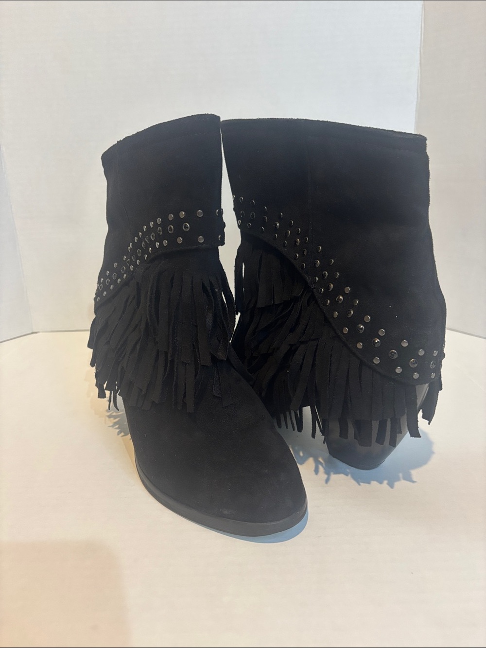 Black Suede Fringe Studded Ankle Boots